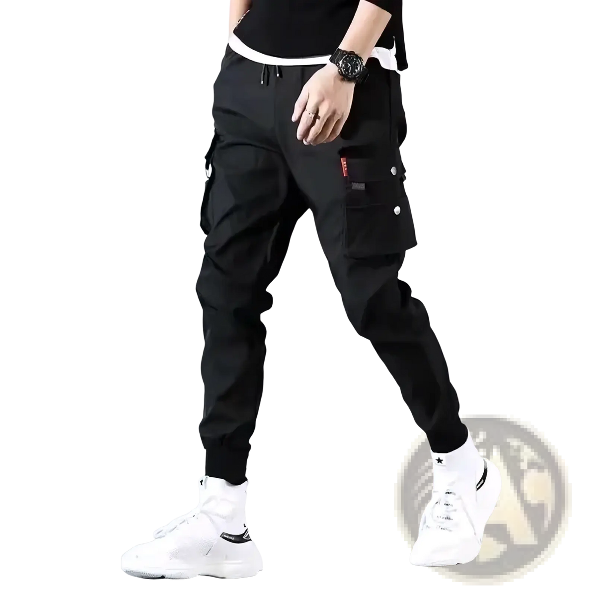 Men tactical cargo pants in black featuring multiple pockets and a drawstring waistband for functional use