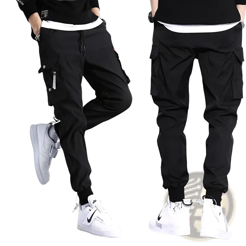 Men tactical cargo pants in black with multiple pockets and a drawstring waistband for versatile use