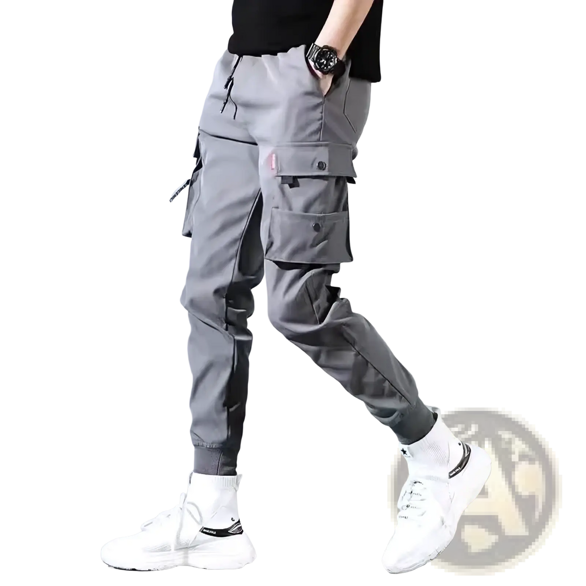 Men tactical cargo pants in gray featuring multiple pockets and a tapered leg design for functional comfort