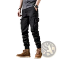 Black tactical cargo pants for men with multiple pockets and a drawstring waist designed for outdoor casual use