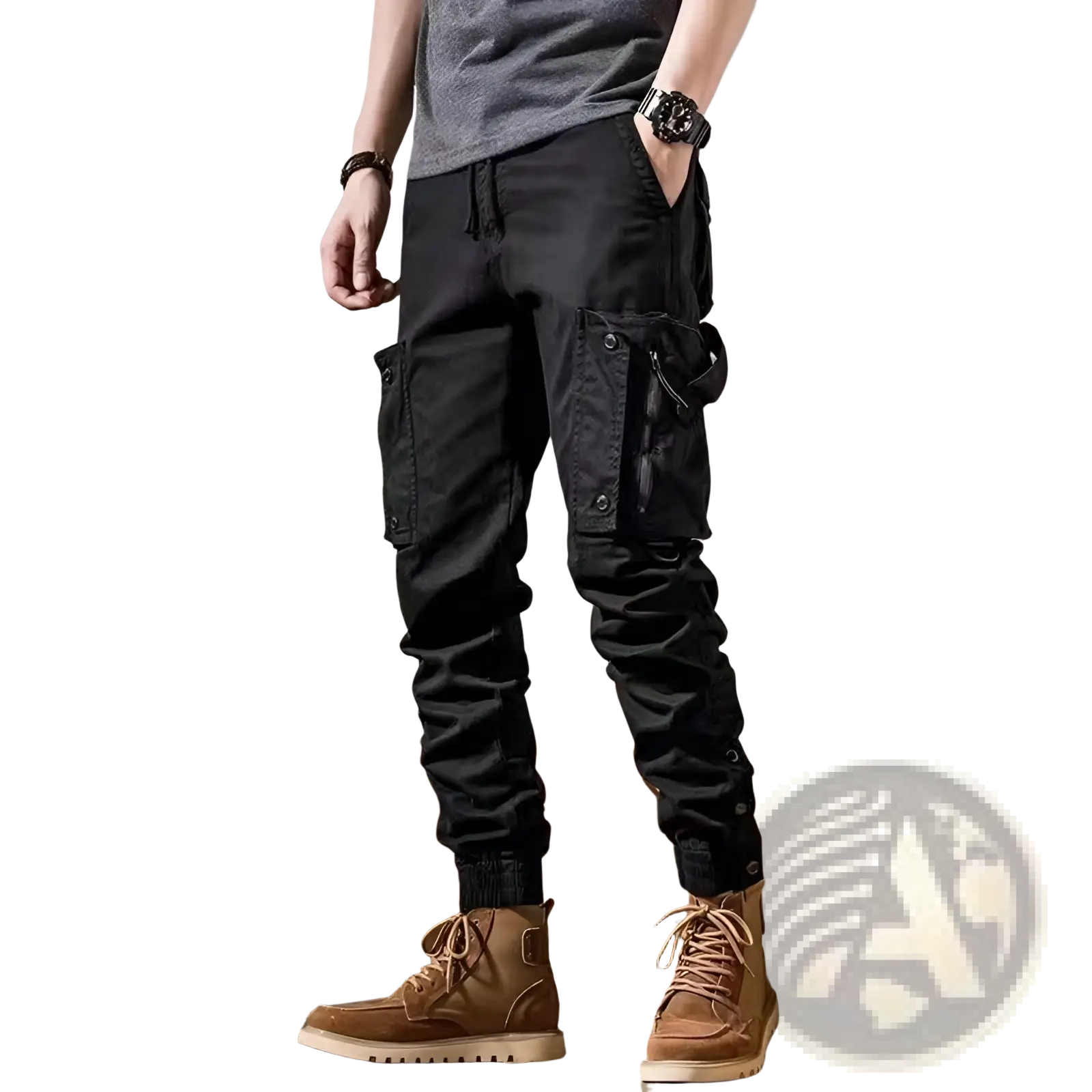 Black tactical cargo pants for men with multiple pockets and a drawstring waist designed for outdoor casual use