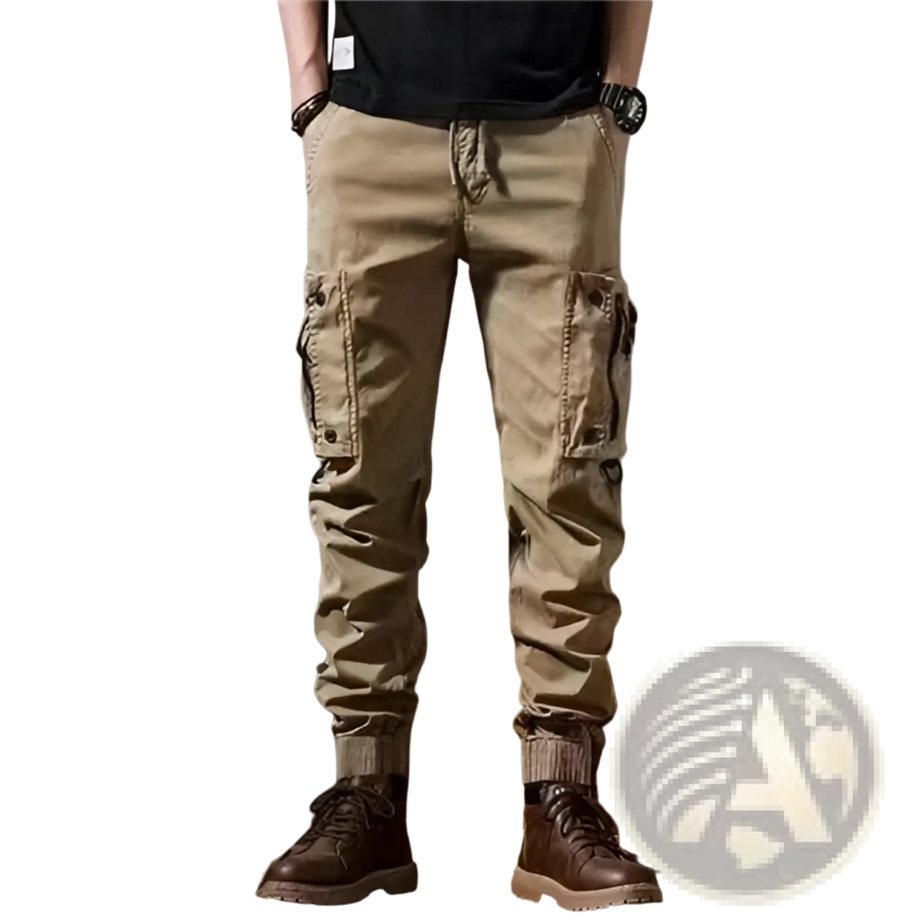 Men tactical cargo pants khaki color with multiple pockets and tapered leg design for outdoor casual utility use