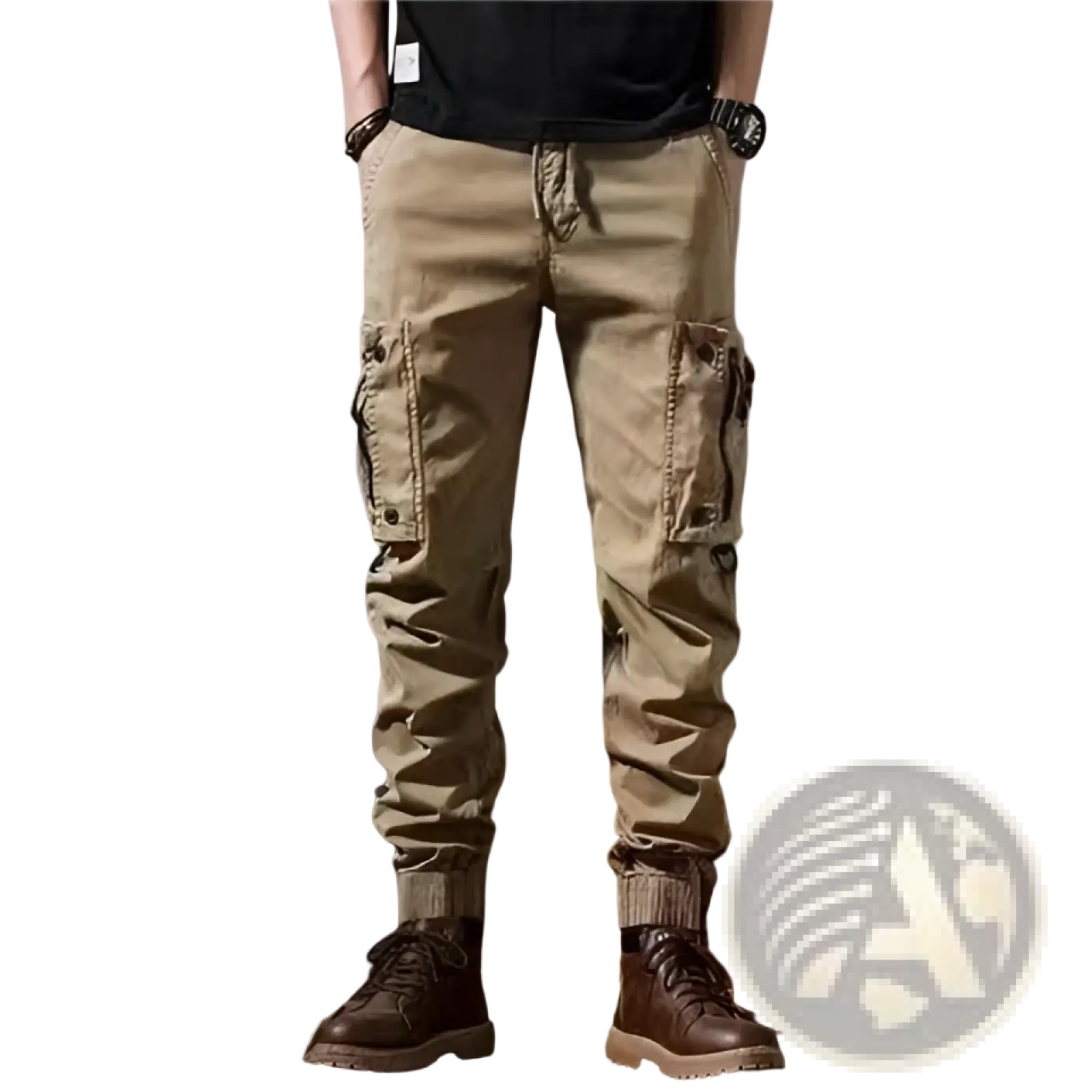 Men tactical cargo pants khaki color with multiple pockets and tapered leg design for outdoor casual utility use