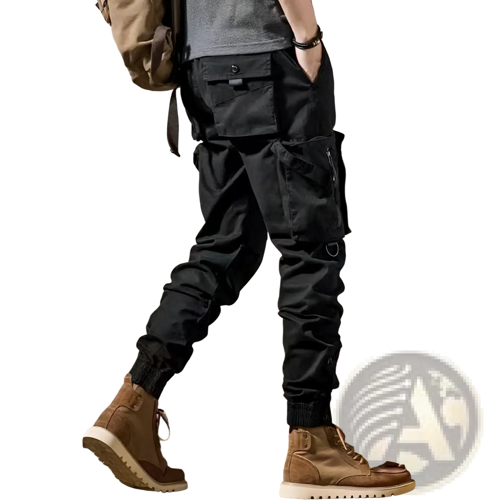 Men tactical cargo pants outdoor casual utility trousers in black with multiple pockets and elastic cuffs for durability