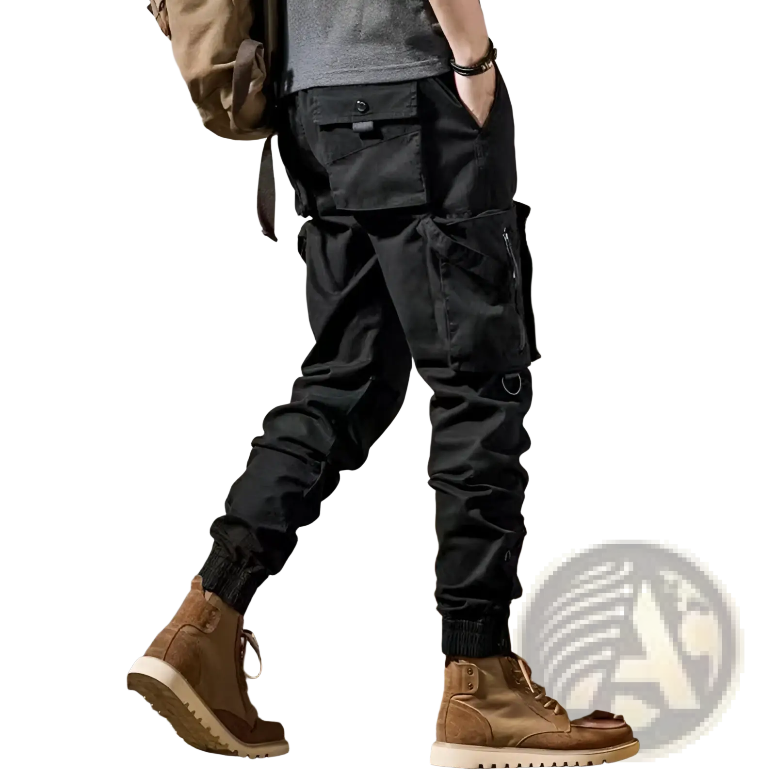 Men tactical cargo pants outdoor casual utility trousers in black with multiple pockets and elastic cuffs for durability