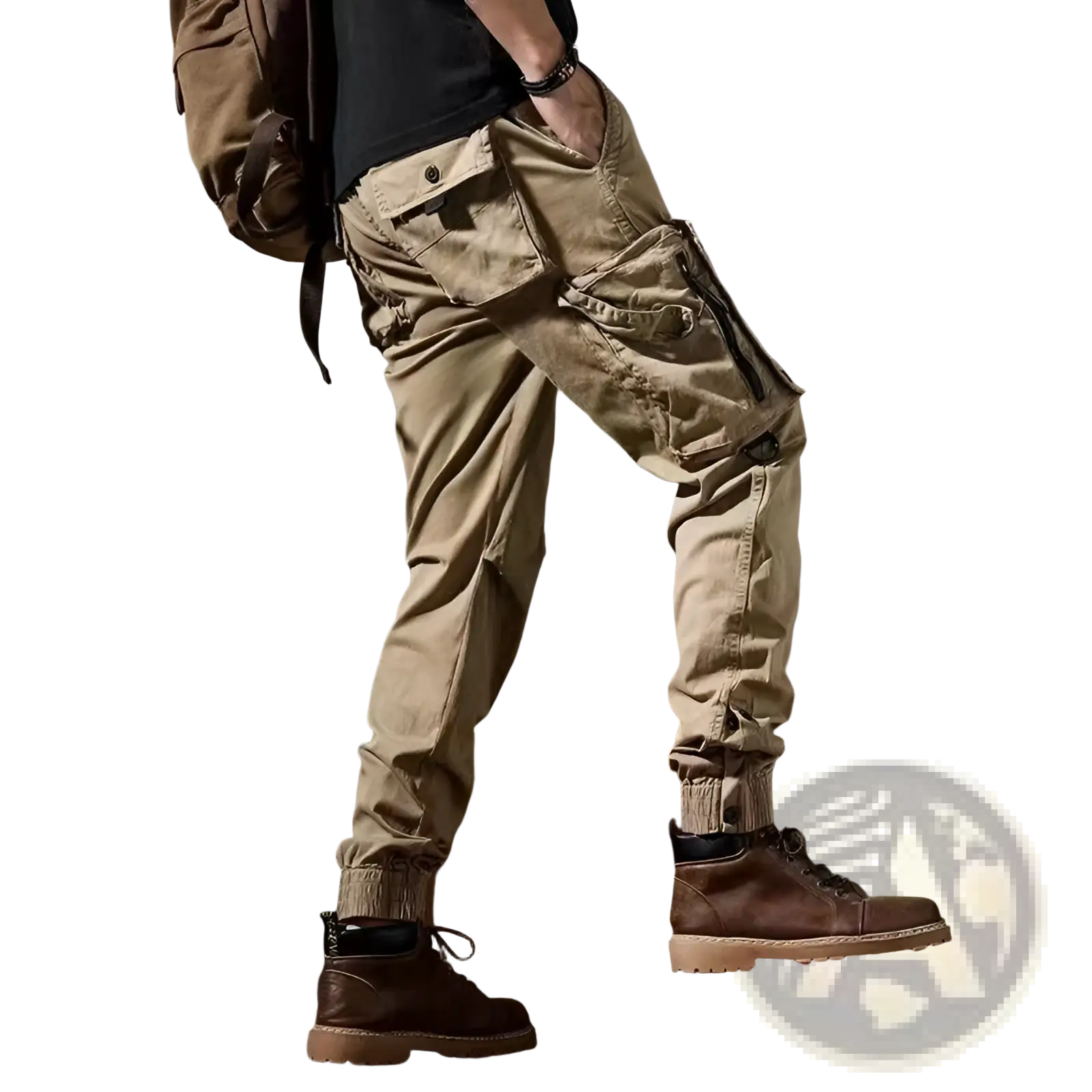 Beige men tactical cargo pants with multiple pockets and relaxed fit for outdoor casual utility use