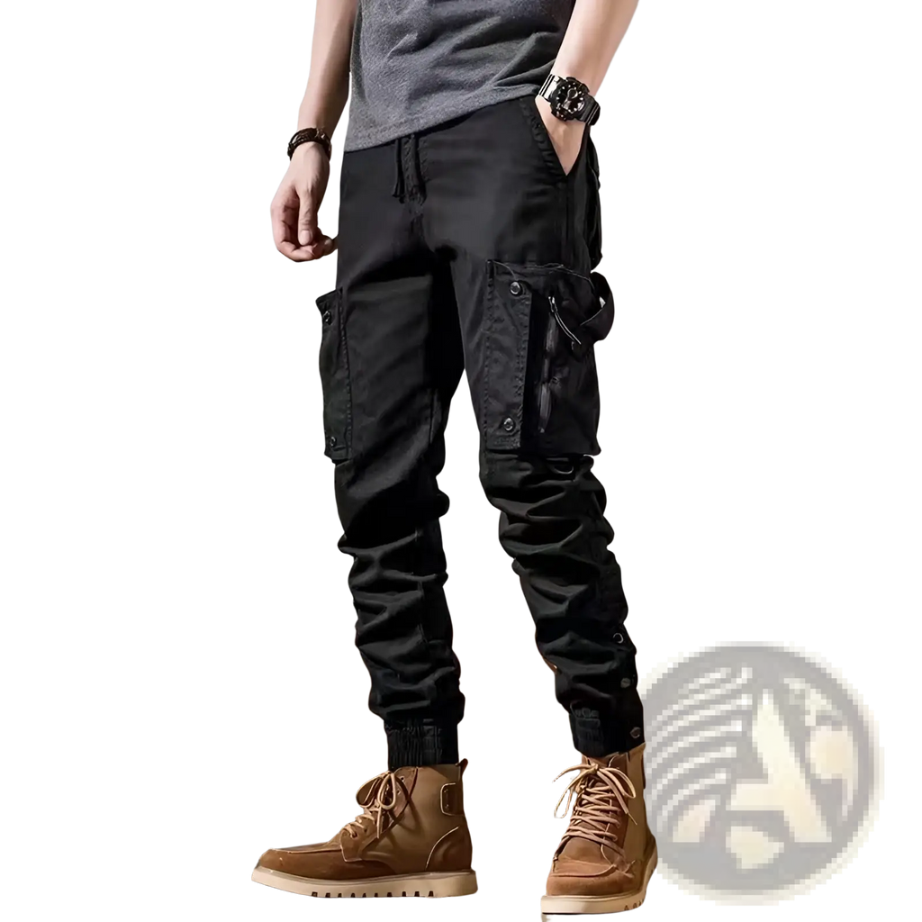 Men tactical cargo pants black with multiple pockets and drawstring waist for outdoor casual utility use