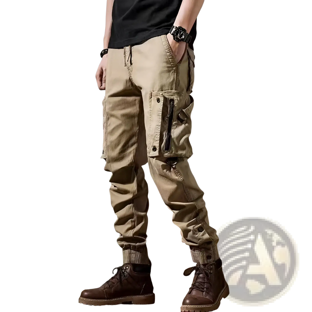 Beige men tactical cargo pants with multiple pockets and drawstring waistband for outdoor casual utility use