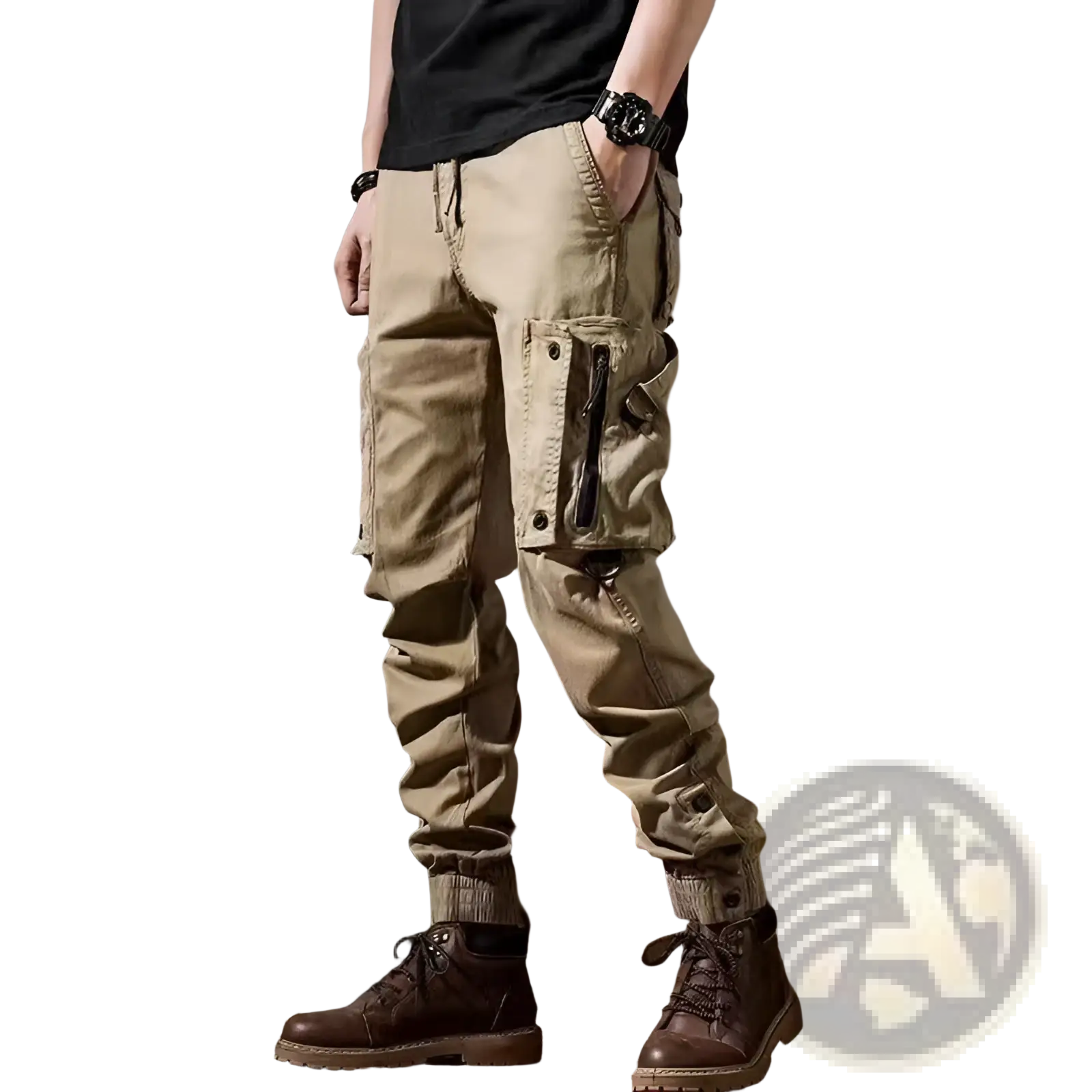 Beige men tactical cargo pants with multiple pockets and drawstring waistband for outdoor casual utility use
