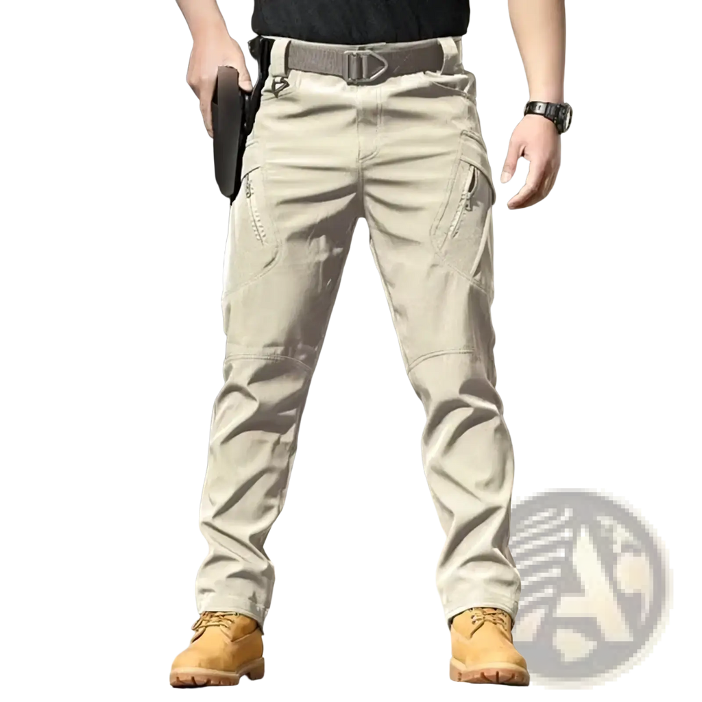 Beige men tactical cargo pants with quick dry durable fabric and multiple pockets for summer use