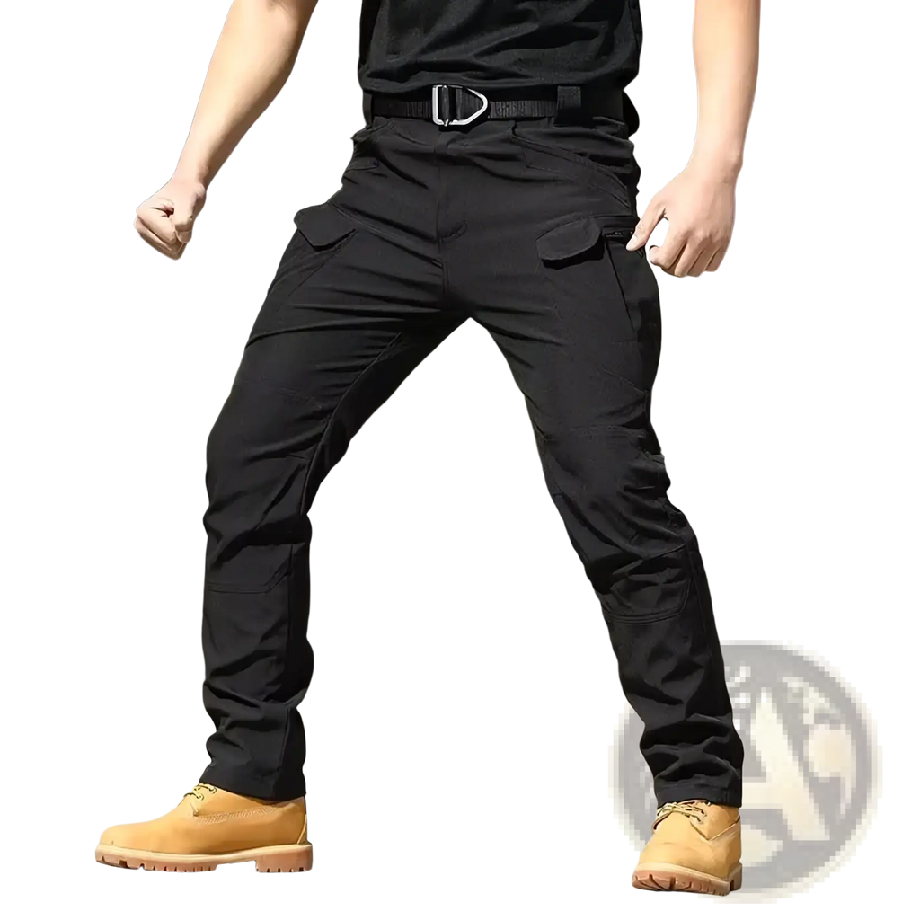 Men tactical cargo pants in black with multiple pockets and sturdy belt loops designed for quick dry summer use