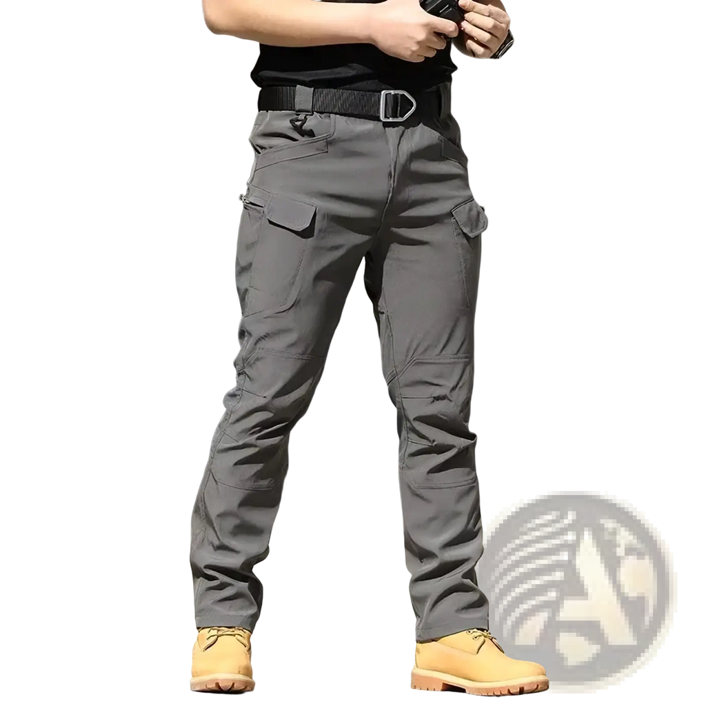 Gray men tactical cargo pants quick dry summer trousers with multiple pockets and black belt shown from the front