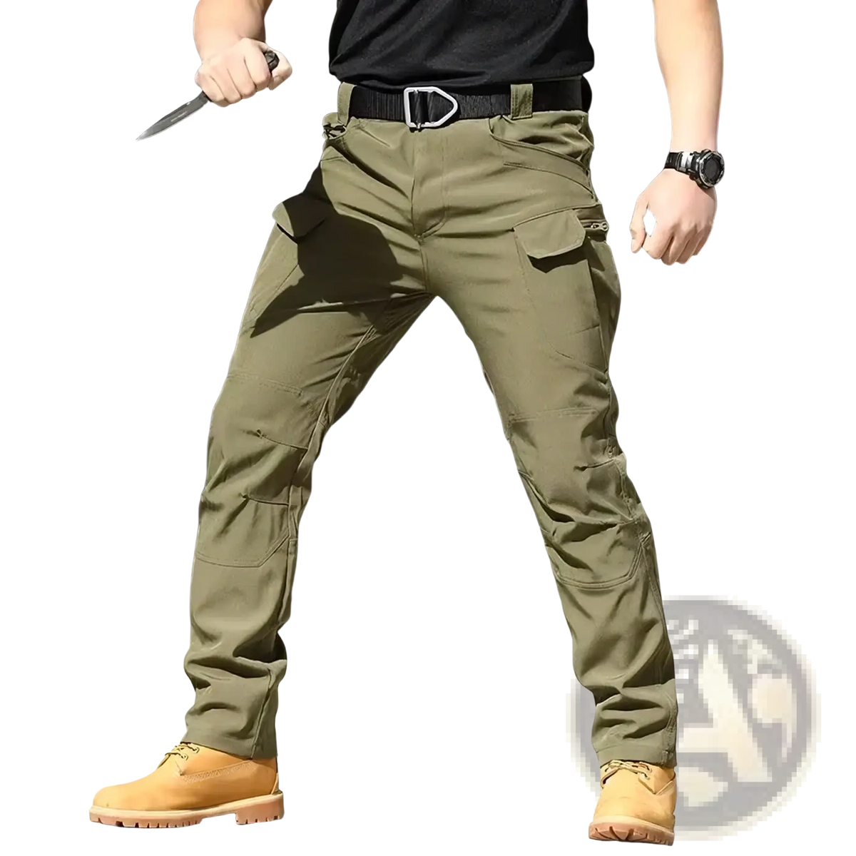 Men tactical cargo pants in olive green with multiple pockets and quick dry fabric suitable for summer use