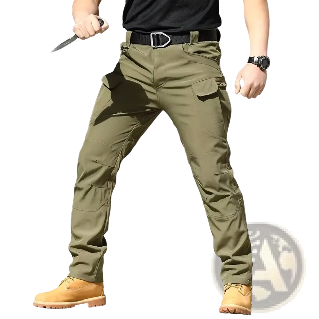 Men tactical cargo pants quick dry summer trousers in olive green with multiple pockets and a black belt shown from the back