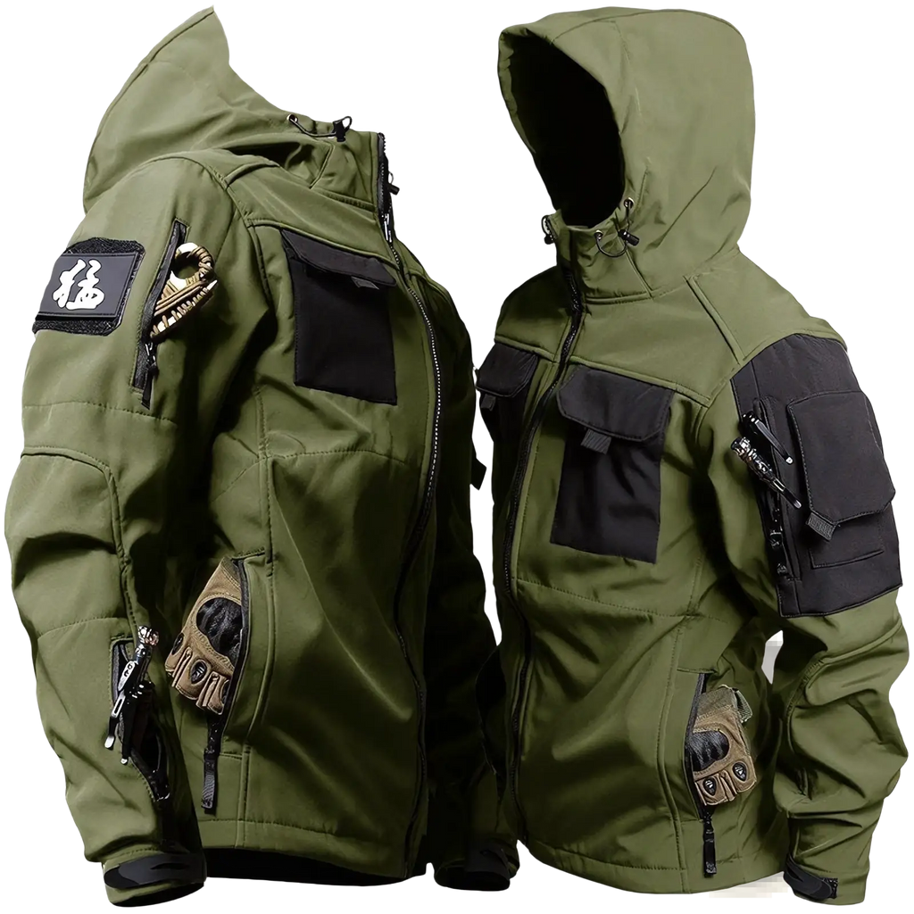 Men tactical fleece jacket in olive green with black and tan accents multiple zippered pockets and a hood