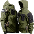 Men tactical fleece jacket in olive green with black and tan accents multiple zippered pockets and a hood