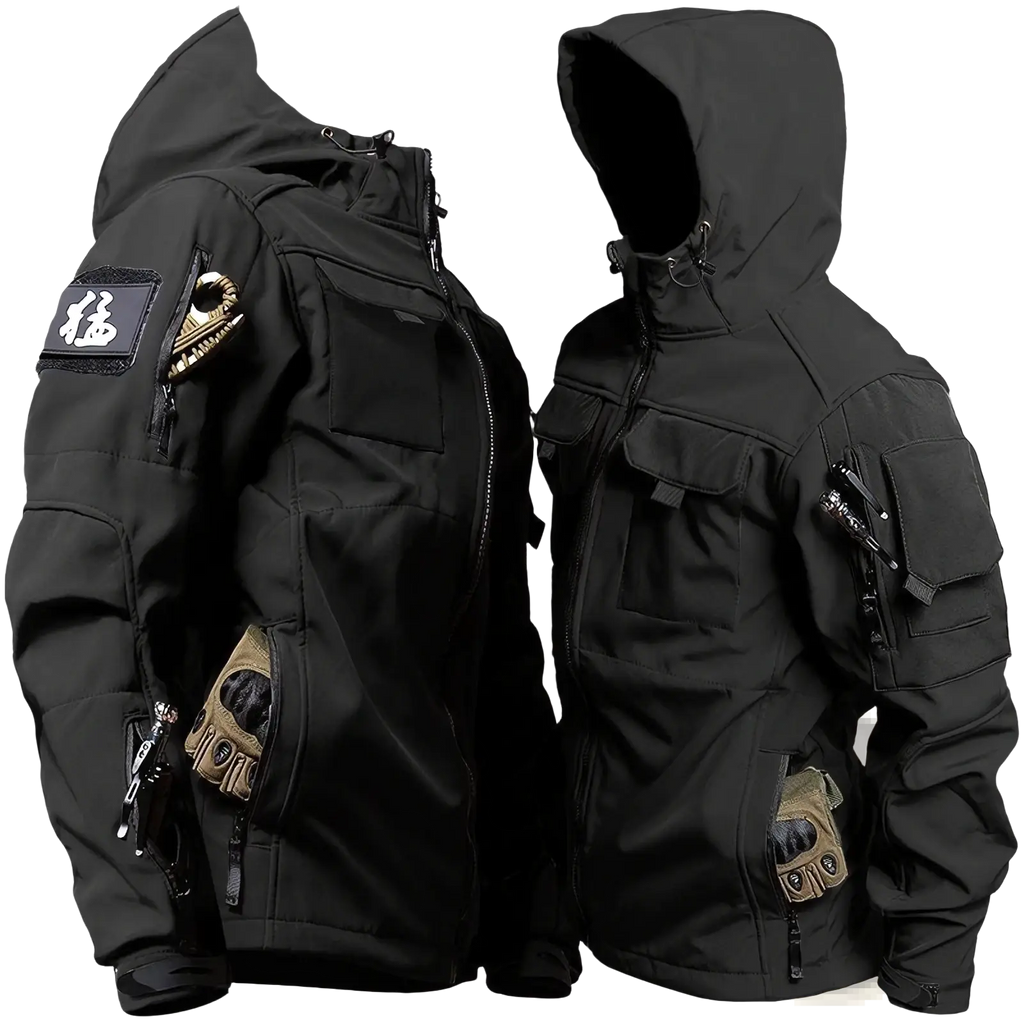 Men tactical fleece jacket in black with hood, multiple zippered pockets, and a patch on the left sleeve