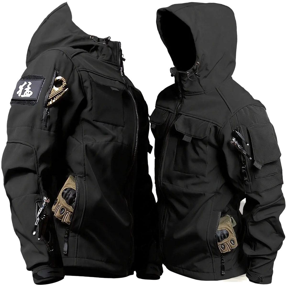 Men tactical fleece jacket in black with hood, multiple zippered pockets, and a patch on the left sleeve