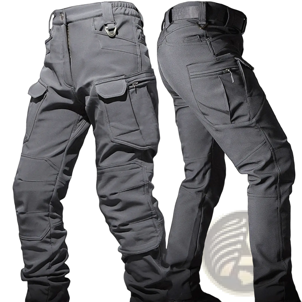 Dark gray men tactical cargo pants with multiple pockets and reinforced stitching in fleece jacket and cargo set