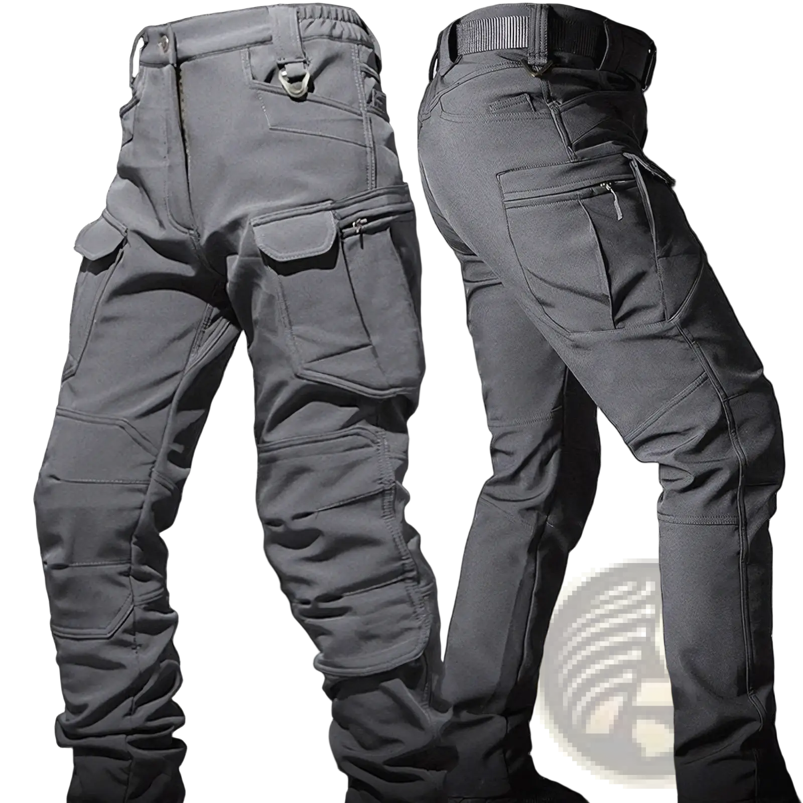 Dark gray men tactical cargo pants with multiple pockets and reinforced stitching in fleece jacket and cargo set