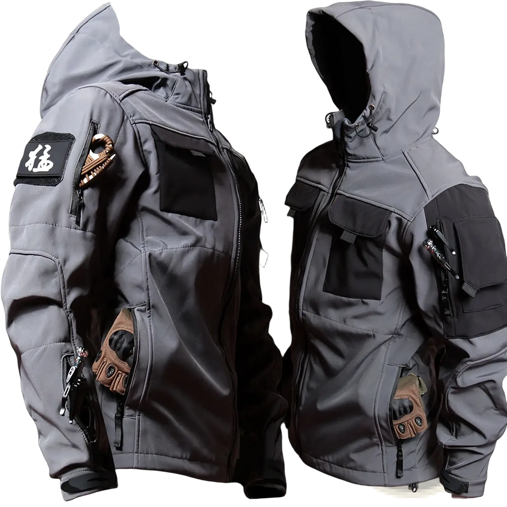 Men tactical fleece jacket in gray with black accents multiple pockets and hood designed for outdoor use