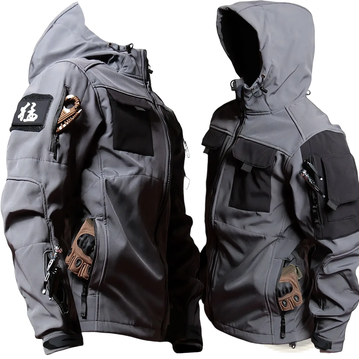 Men tactical fleece jacket in gray with black accents multiple pockets and hood designed for outdoor use