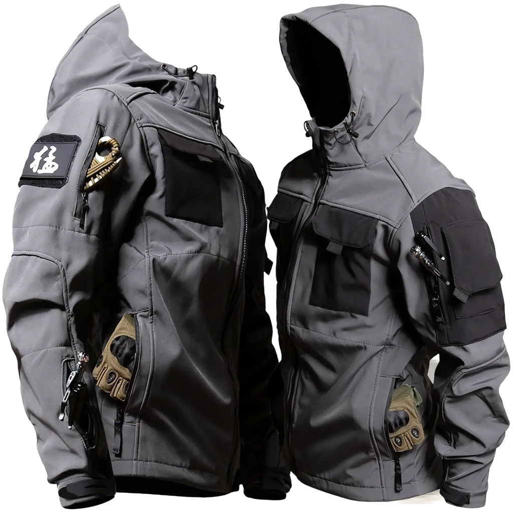 Men tactical fleece jacket in gray with black accents and multiple utility pockets for outdoor use