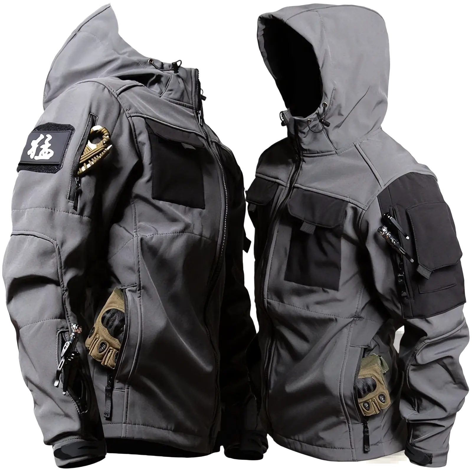 Men tactical fleece jacket in gray with black accents and multiple utility pockets for outdoor use