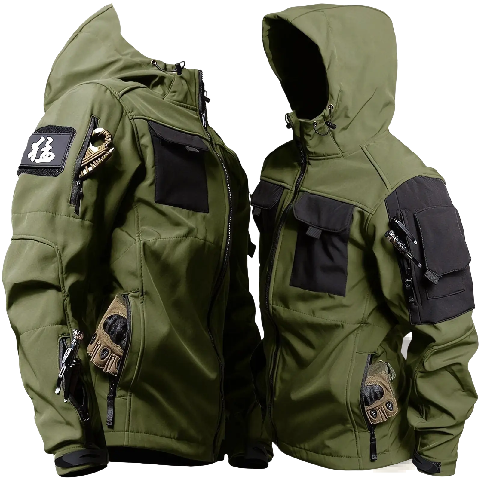 Men tactical fleece jacket in olive green with black and tan accents, multiple zippered pockets, and a hood