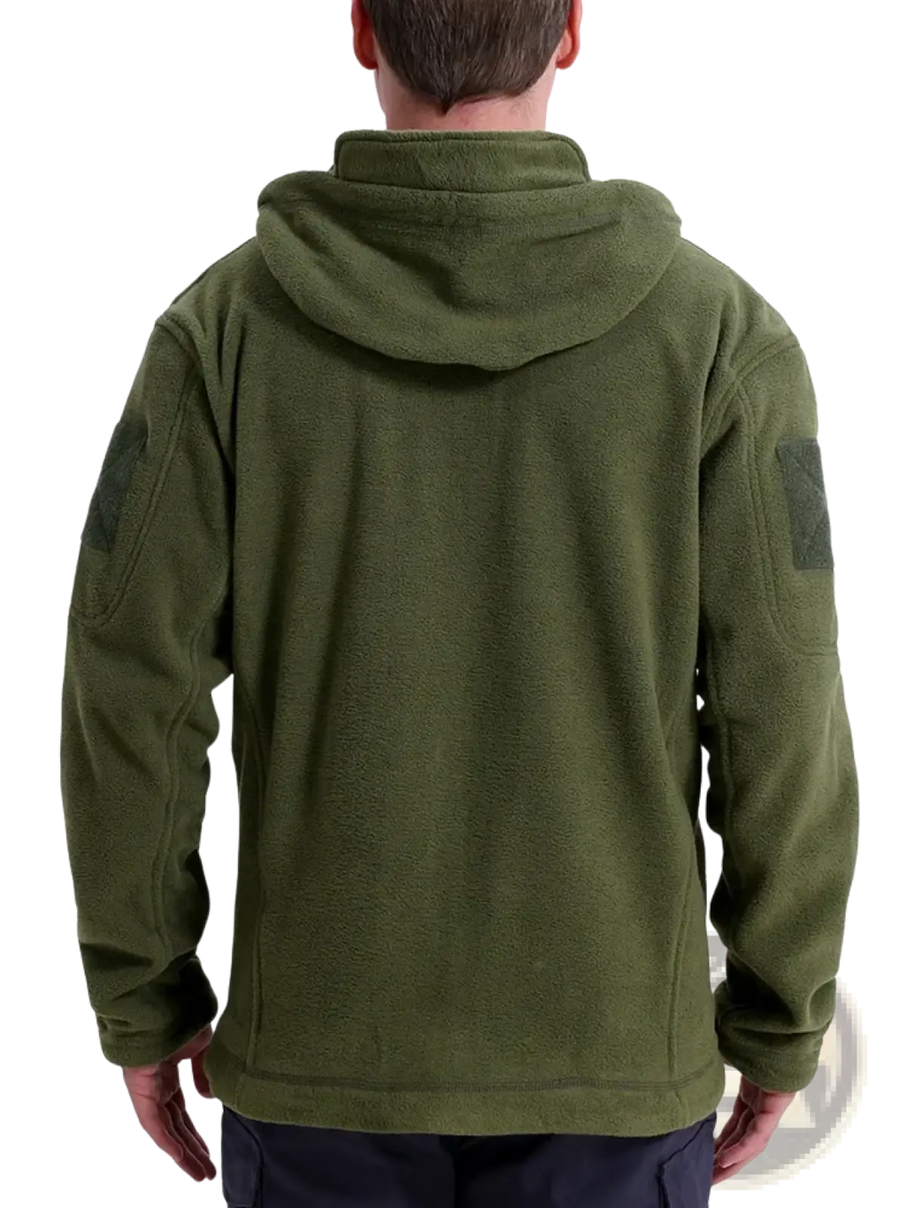 Men tactical fleece jacket olive green winter hoodie with attached hood and tactical-style patches on sleeves