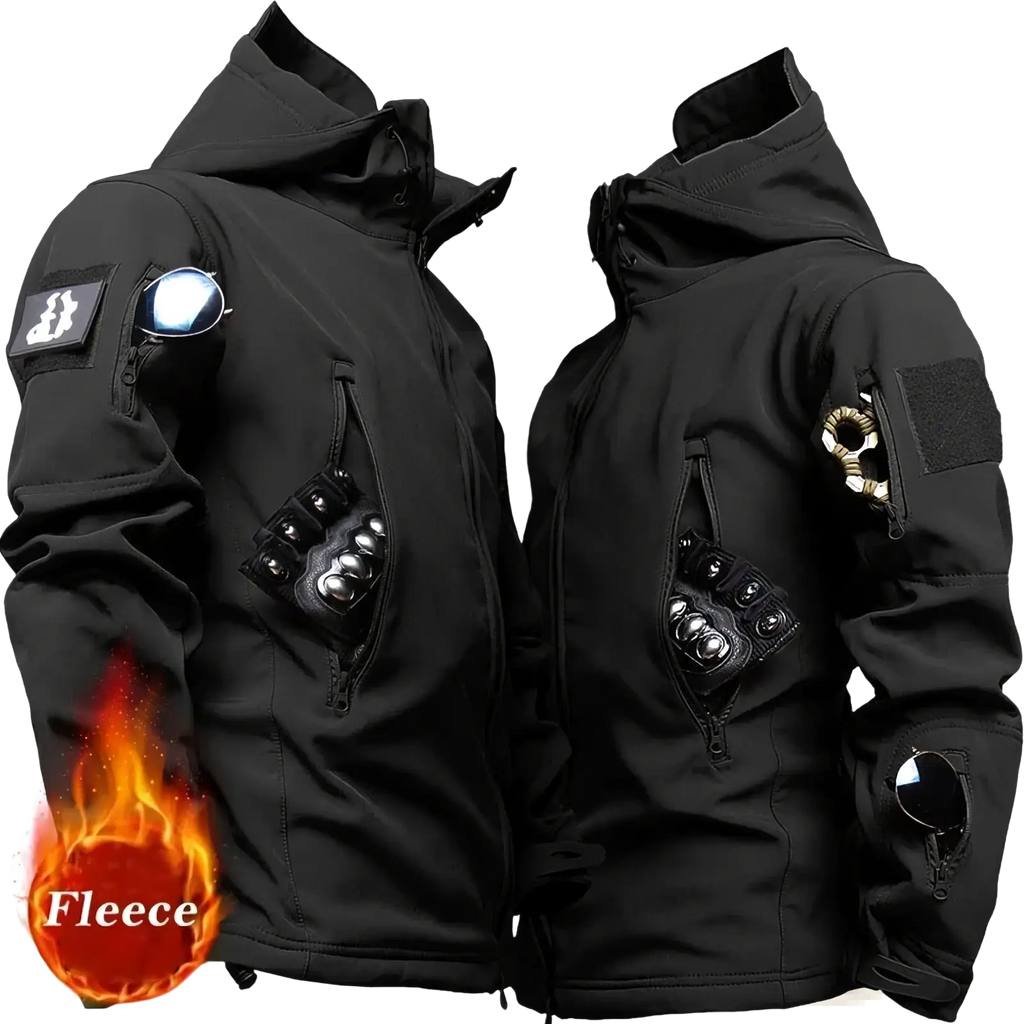 Men tactical fleece soft shell windbreaker jacket in black with fleece lining multiple pockets and adjustable cuffs