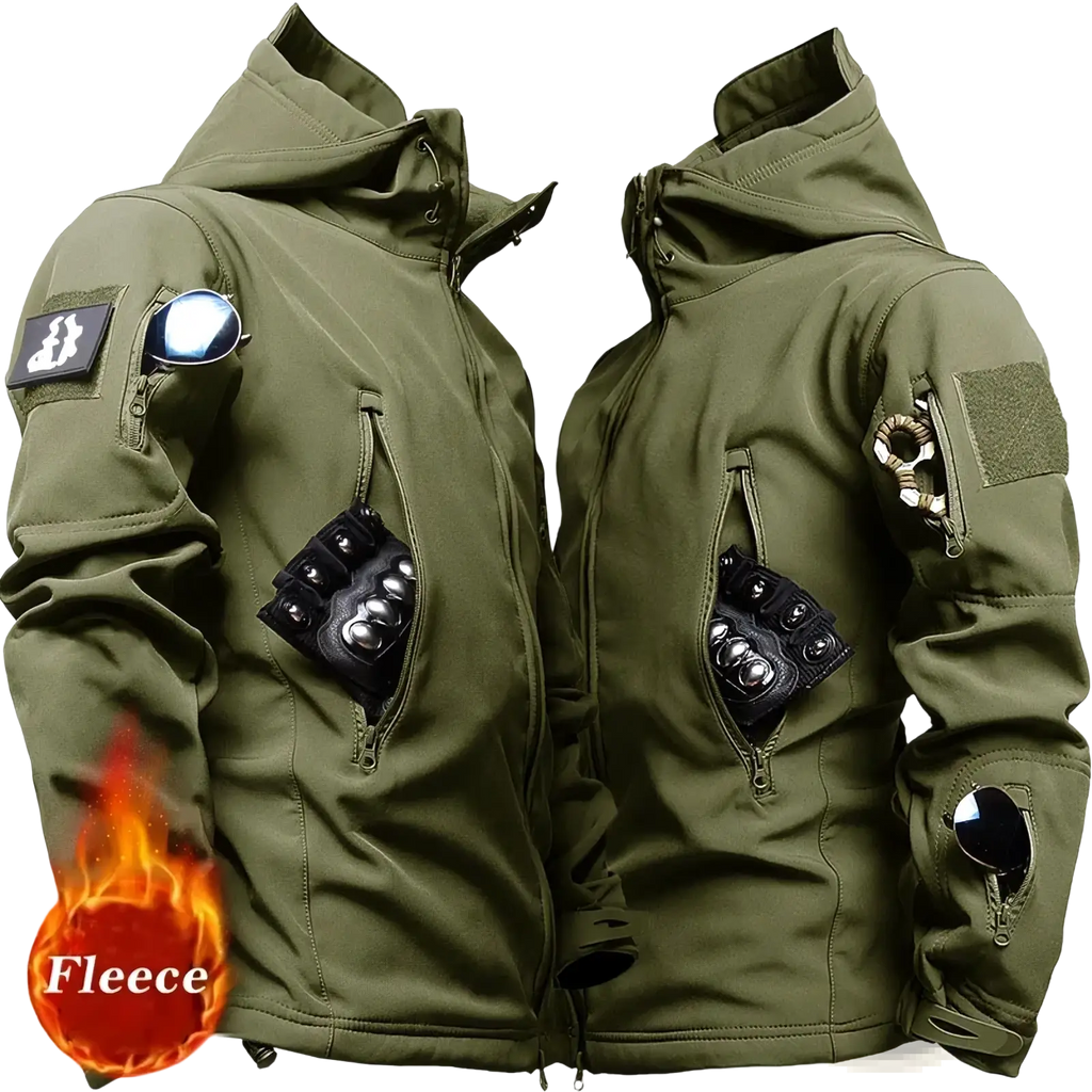 Men tactical fleece soft shell windbreaker jacket in olive green with zippered pockets and patchwork fleece lining