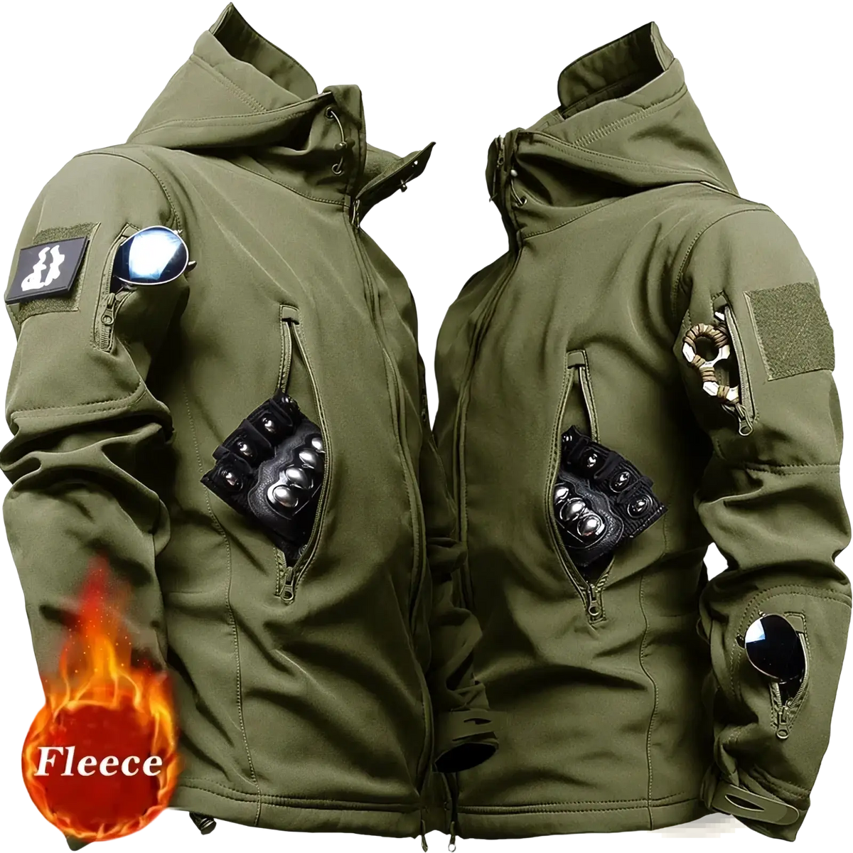 Men tactical fleece soft shell windbreaker jacket in olive green with zippered pockets and patchwork fleece lining