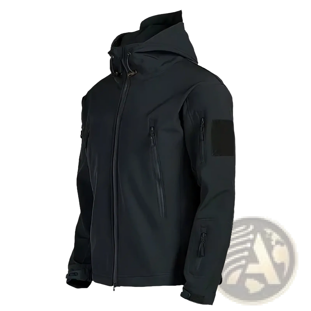 Men tactical fleece soft shell windbreaker jacket in black with hood multiple zippered pockets and matte finish