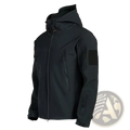 Men tactical fleece soft shell windbreaker jacket in black with hood multiple zippered pockets and matte finish