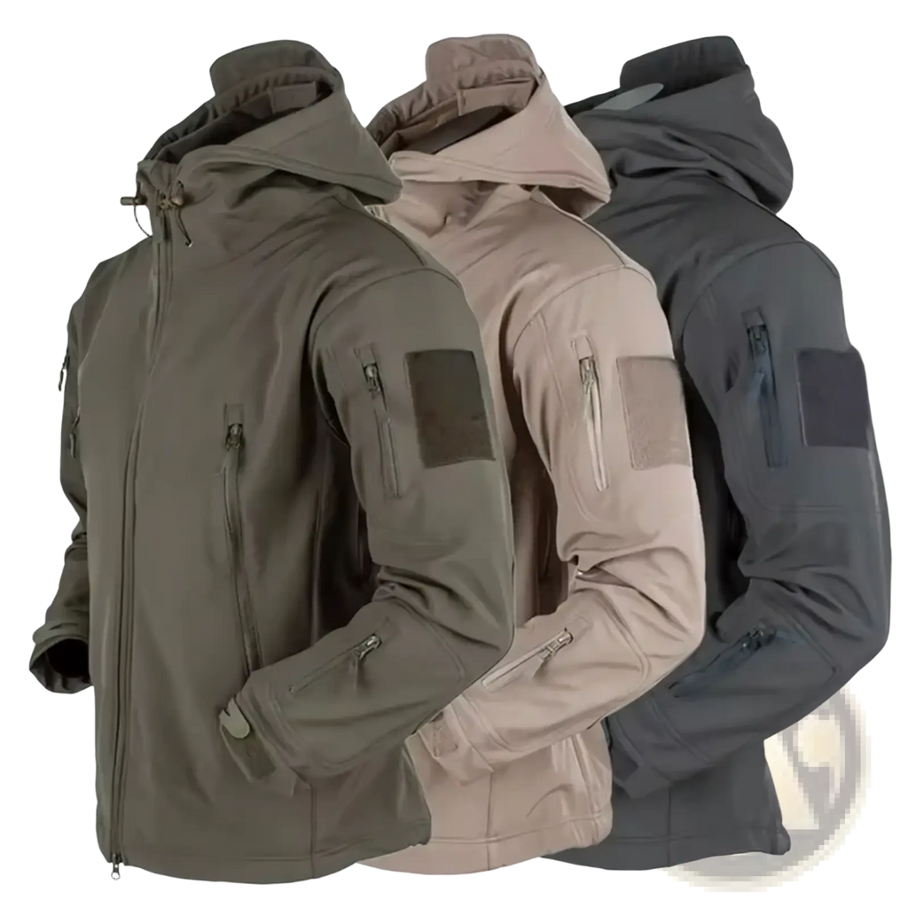 Men tactical fleece soft shell windbreaker jackets in olive green tan and dark gray with zippered pockets and adjustable hoods