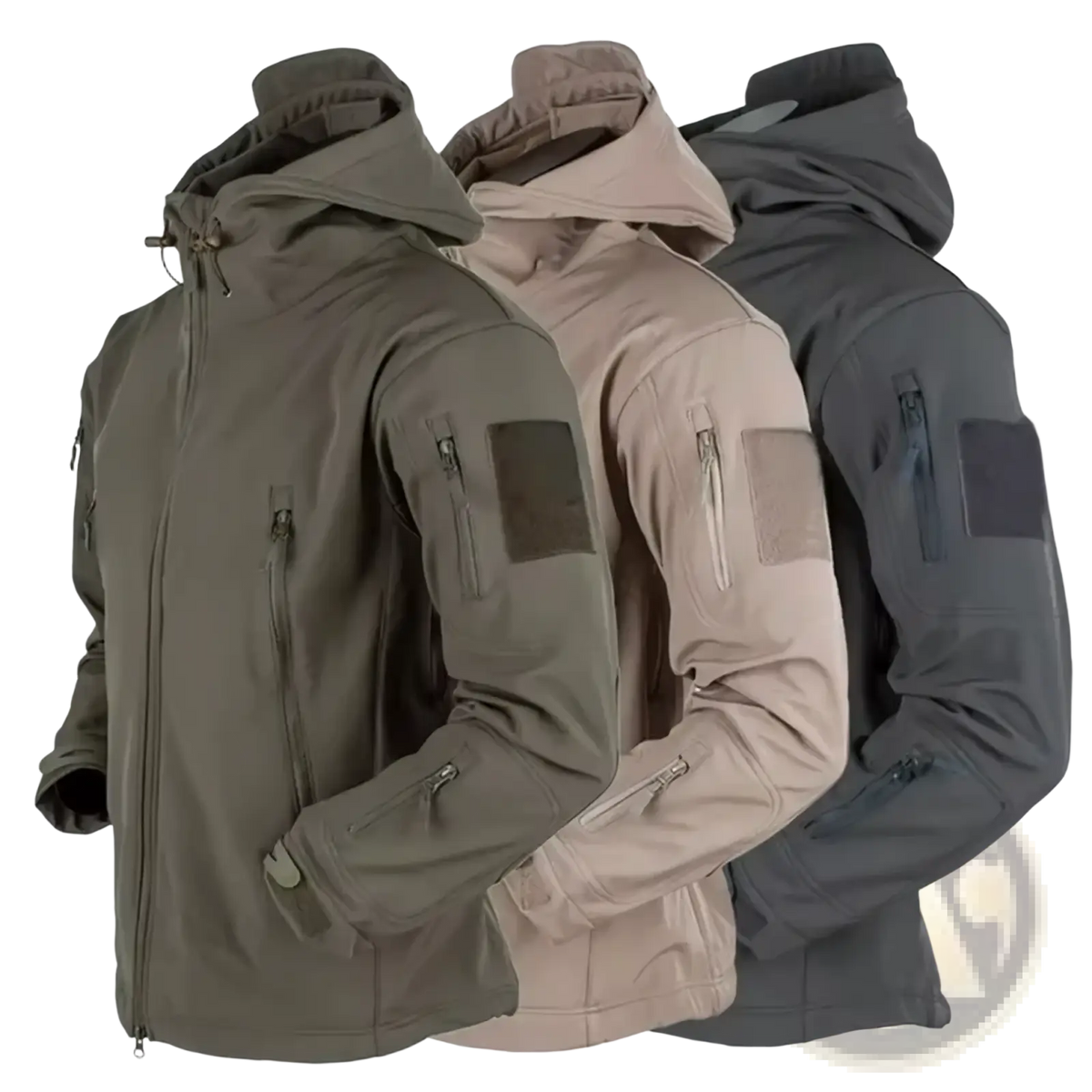 Men tactical fleece soft shell windbreaker jackets in olive green tan and dark gray with zippered pockets and adjustable hoods