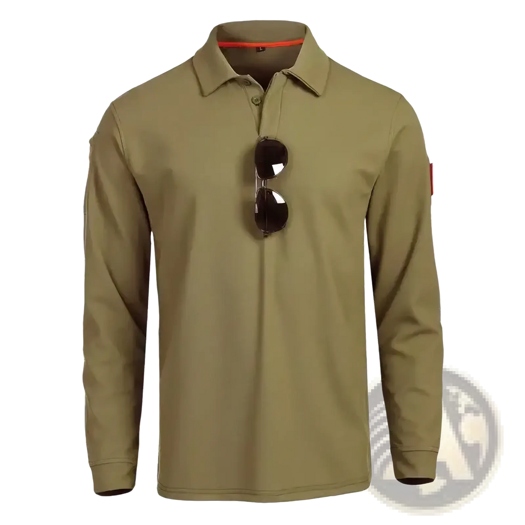 Men tactical long sleeve polo shirt in olive green with orange inner collar trim and a small red patch on the left sleeve