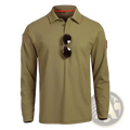 Men tactical long sleeve polo shirt in olive green with orange inner collar trim and a small red patch on the left sleeve