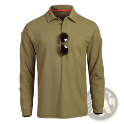 Men tactical long sleeve polo shirt in olive green with orange inner collar trim and a small red patch on the left sleeve