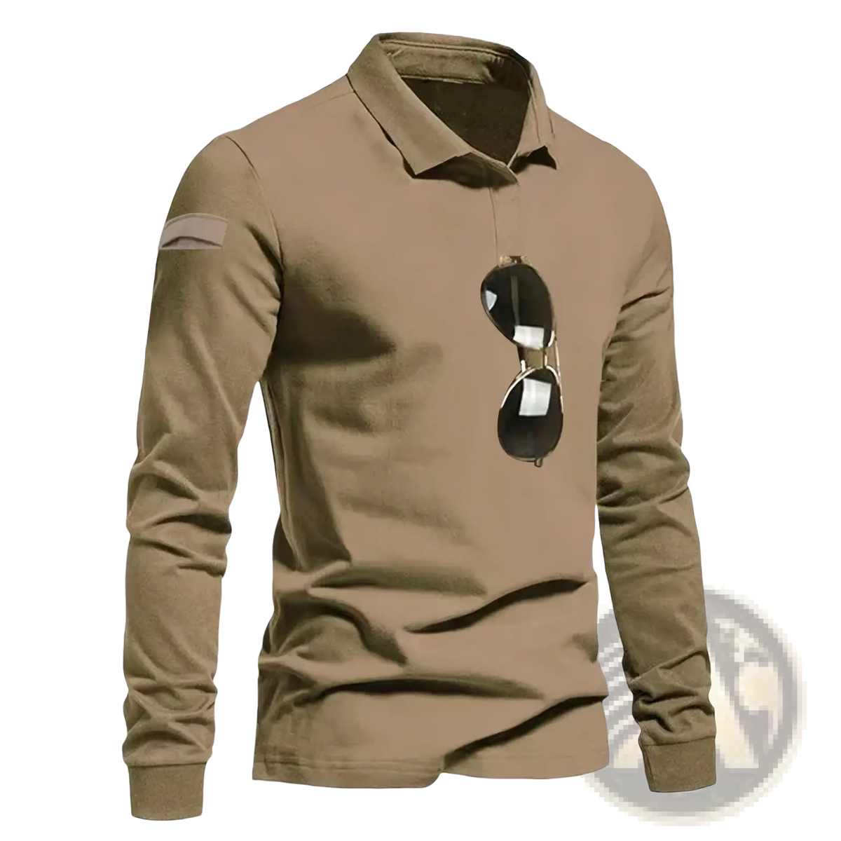 Men tactical long sleeve polo shirt in khaki with a subtle chest pocket and small left sleeve patch