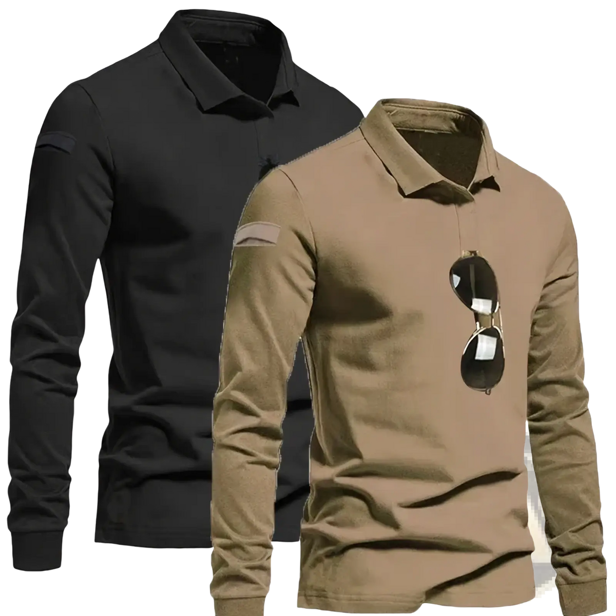 Men tactical long sleeve polo shirt in tan with a subtle chest pocket and contrasting dark inner collar for outdoor use