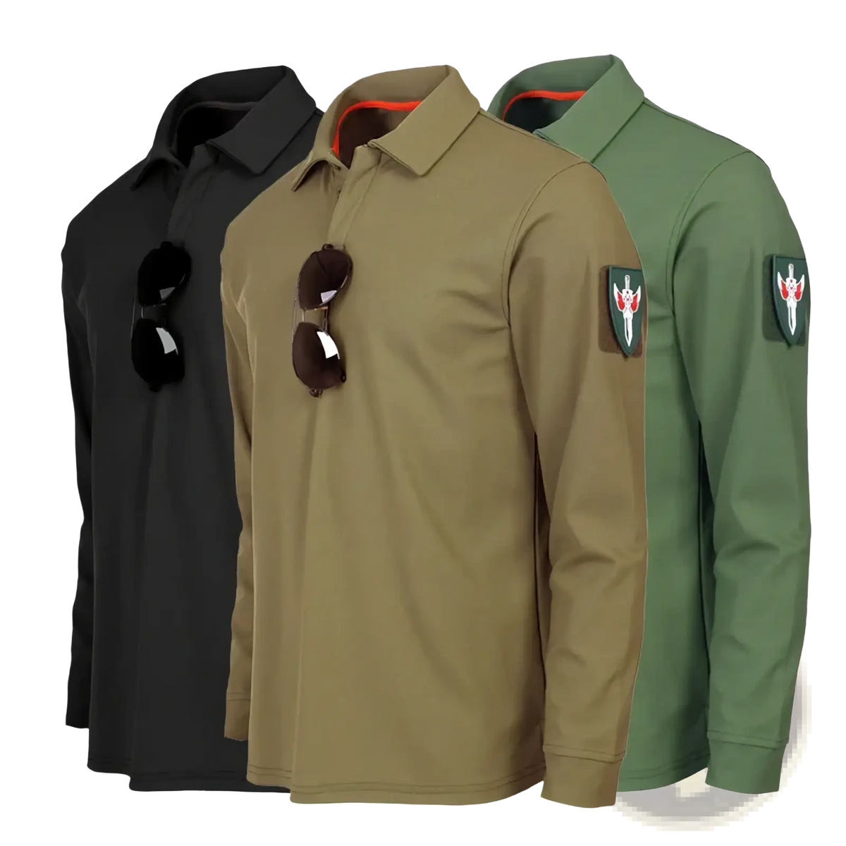 Men tactical long sleeve polo shirts in black khaki and olive green with orange inner collars and sleeve patches