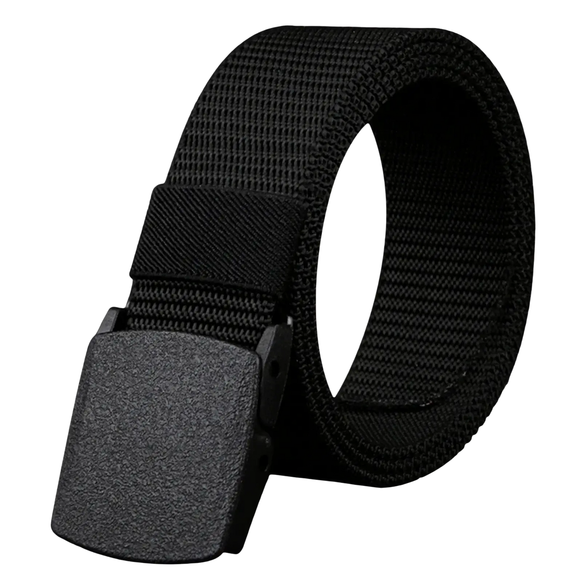 Men tactical nylon belt in black with adjustable webbing and a matte black textured buckle for outdoor use