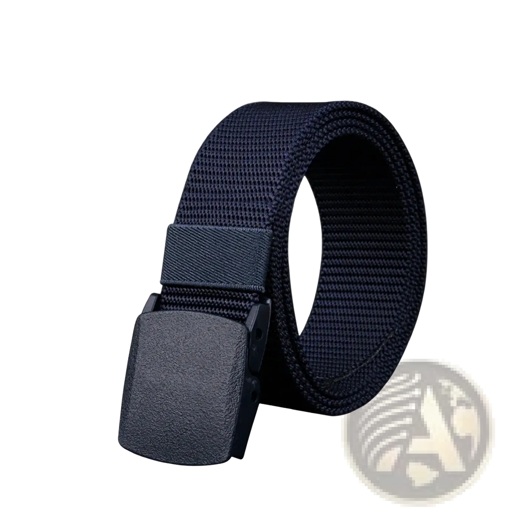 Black men tactical nylon belt with adjustable woven strap and textured matte-finish plastic buckle for outdoor use