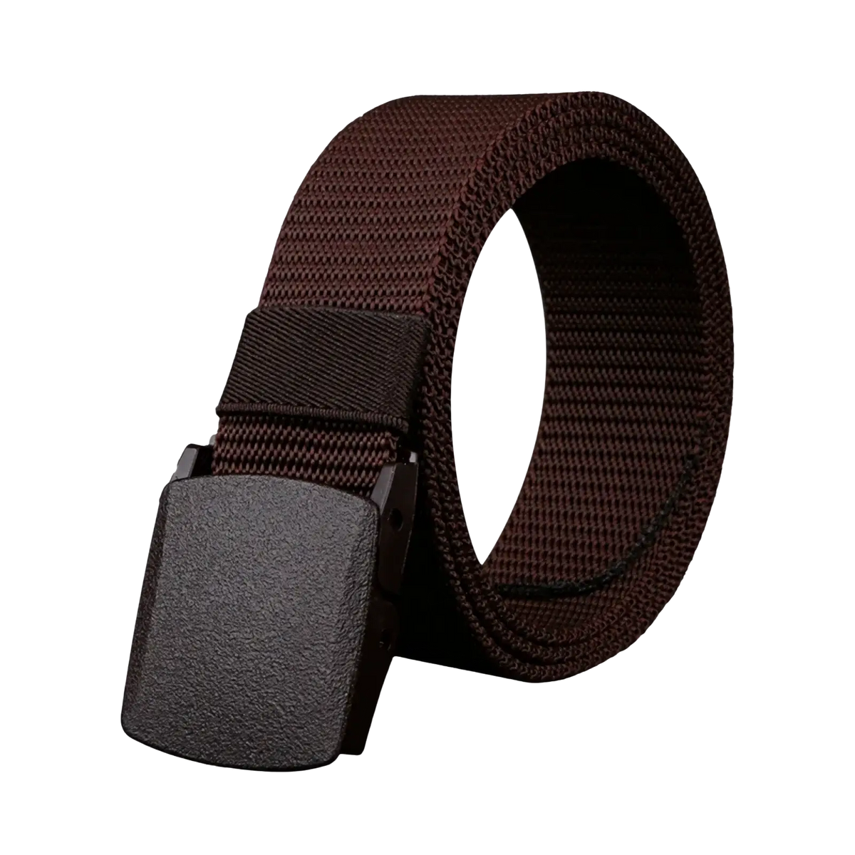 Men tactical nylon belt in brown woven canvas with a matte black plastic buckle for adjustable outdoor use
