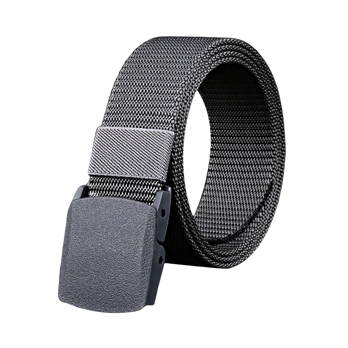 Gray men tactical nylon belt with adjustable webbing and matte-finish plastic buckle for outdoor use