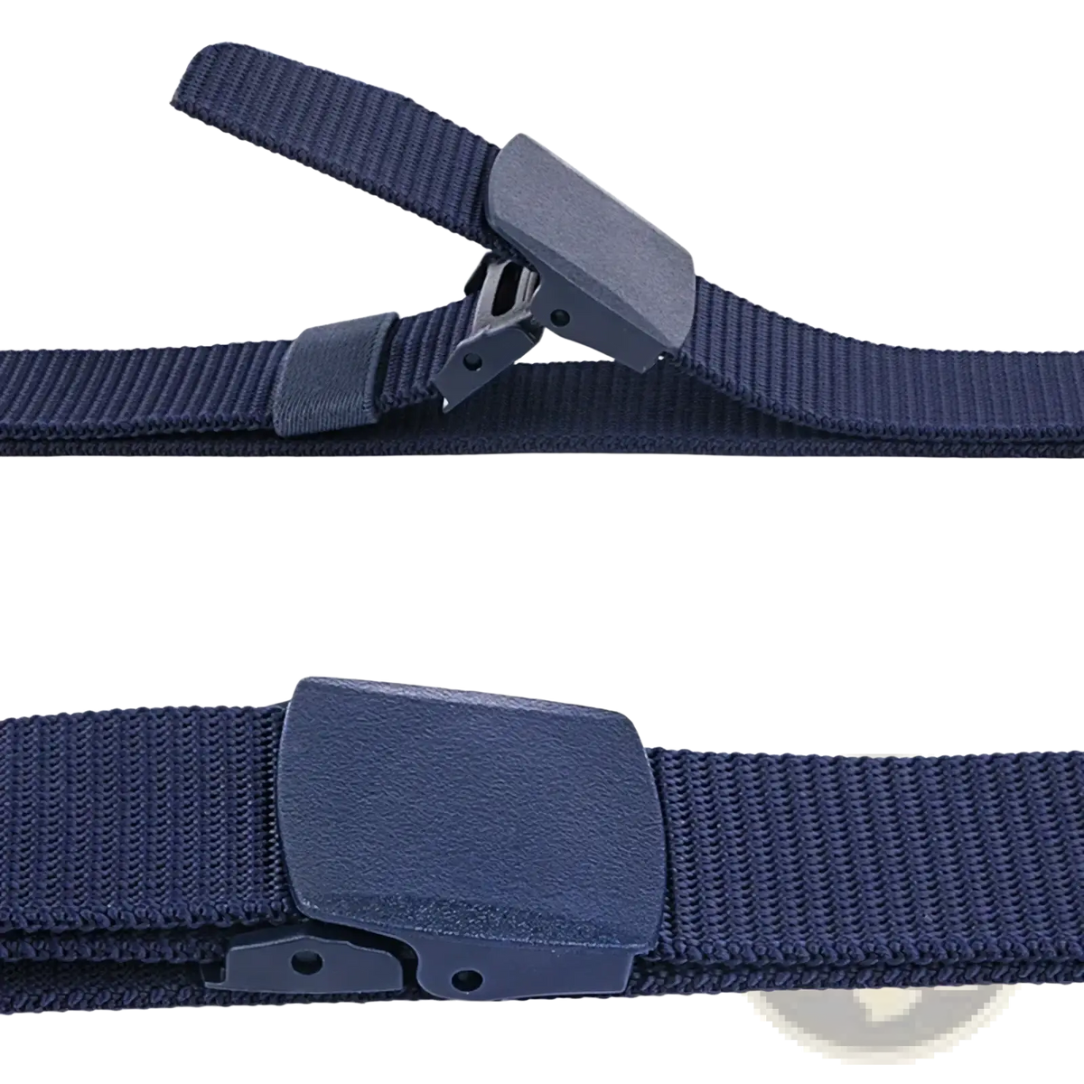 Navy blue woven nylon men tactical belt with matte black plastic buckle adjustable for outdoor use