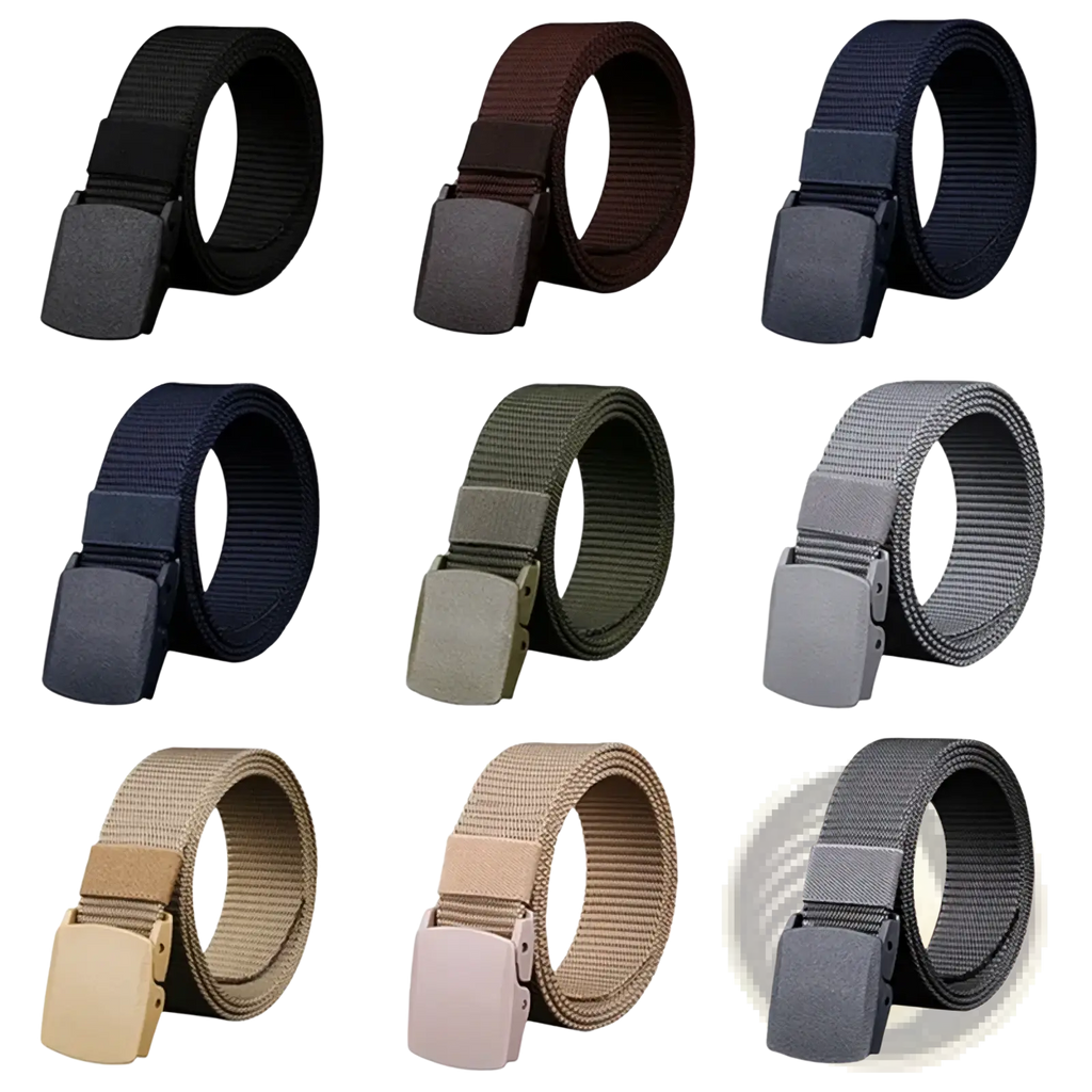 Nine men tactical nylon belts in black brown navy blue olive green gray and tan with matte plastic buckles for outdoor use