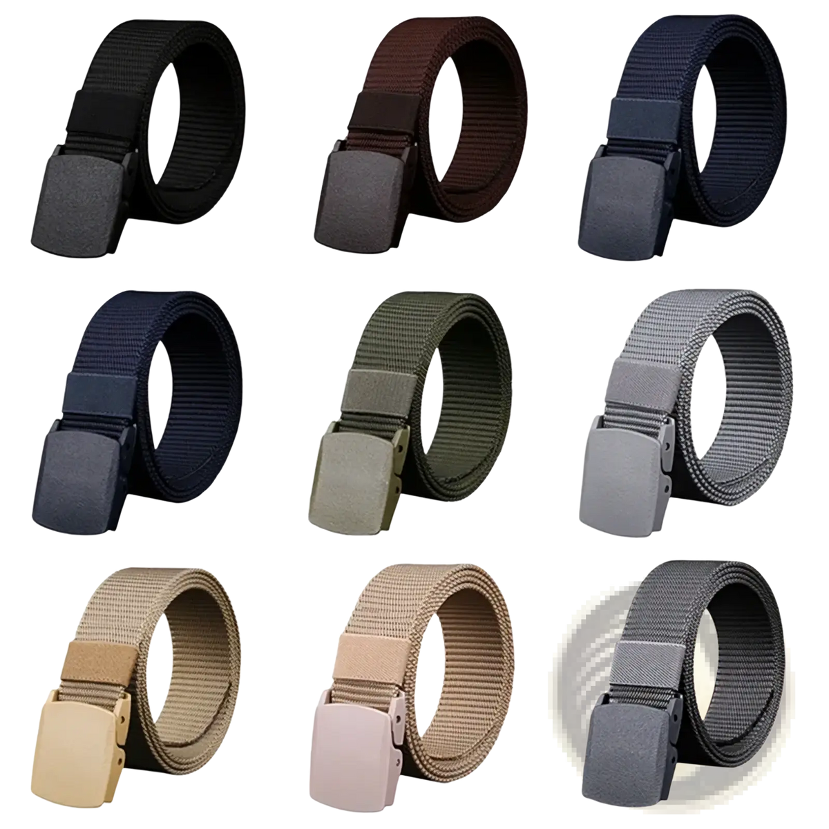 Nine men tactical nylon belts in black brown navy blue olive green gray and tan with matte plastic buckles for outdoor use